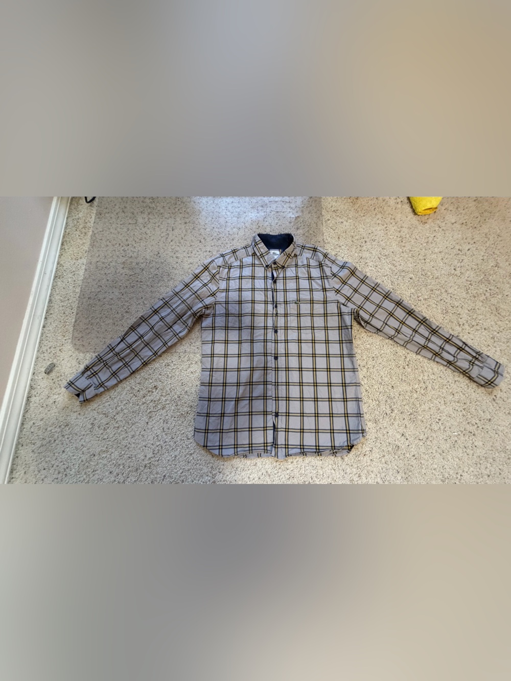 Lacoste Mens Plaid Button-Down Shirt - Gray with Black & Yellow Trim